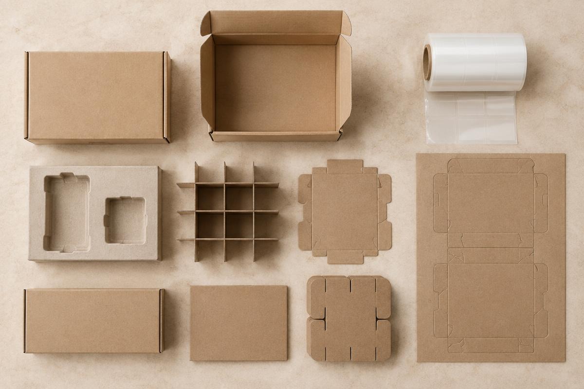Custom Printed — the packaging range laid out flat